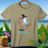Cartoon octopus wearing a witch hat, holding beach items and the text 