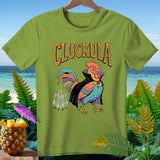 Green t-shirt featuring a rooster dressed as Dracula with 