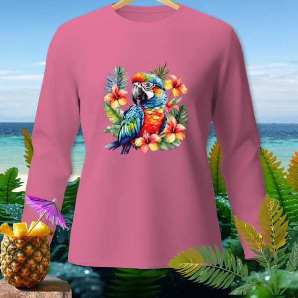 Pink long-sleeve shirt with a colorful parrot and hibiscus flower graphic.
