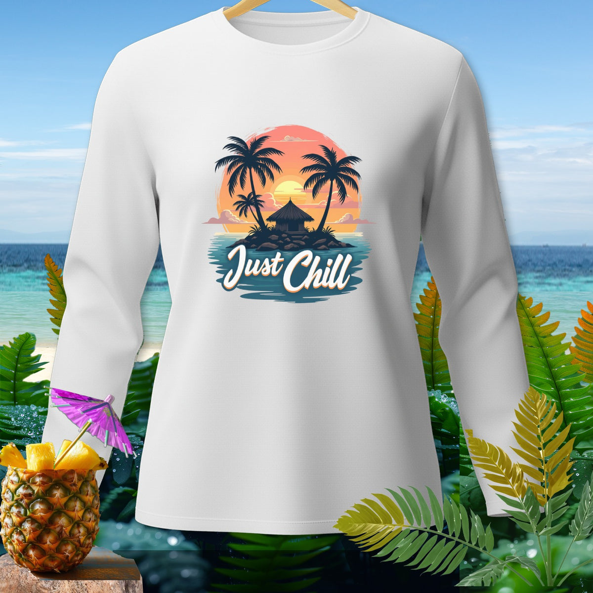 White long-sleeve shirt with "Just Chill" text and tropical island graphic.