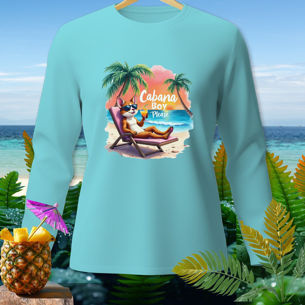 Light blue long-sleeve shirt with a cartoon dog on a beach chair and the text "Cabana Boy Please".