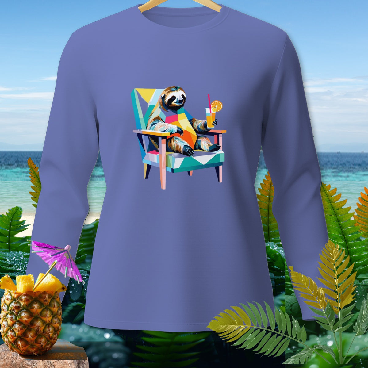 Long sleeve purple shirt with a colorful sloth holding a drink on a chair.