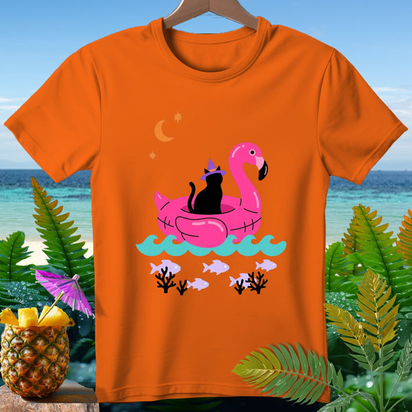 Orange t-shirt with black cat on pink flamingo float wearing witch hat.
