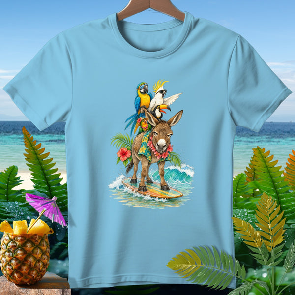Donkey surfing with parrots and toucan on a tropical beach.