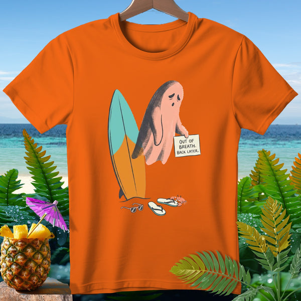 Orange t-shirt with ghost holding "Out of Breath. Back Later." sign by surfboard.