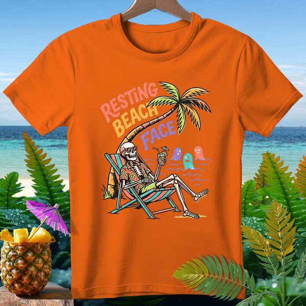 Orange t-shirt with skeleton, palm tree, ghosts, and "Resting Beach Face" text.