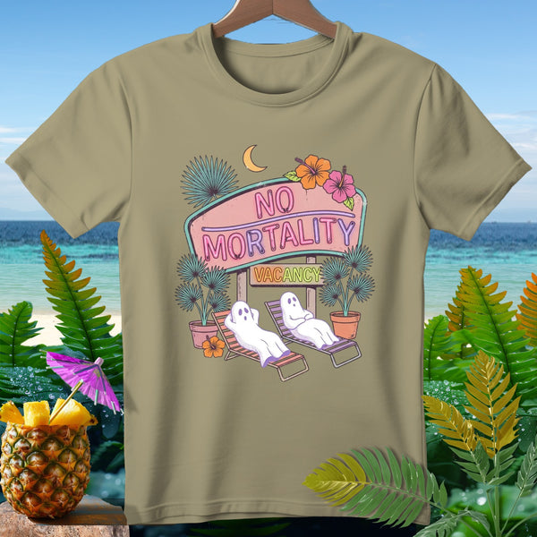 T-shirt with "No Mortality Vacancy" neon sign and two ghosts relaxing.
