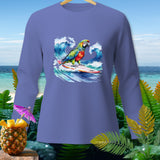 Macaw surfing on a surfboard in a wave, on a purple long-sleeved shirt.