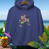 Navy blue hoodie with a colorful witch on a broomstick graphic that says 