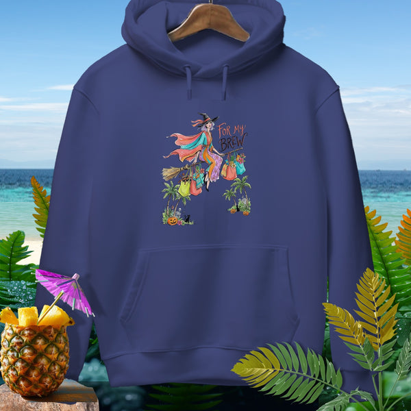 Navy blue hoodie with a colorful witch on a broomstick graphic that says "For My Brew".