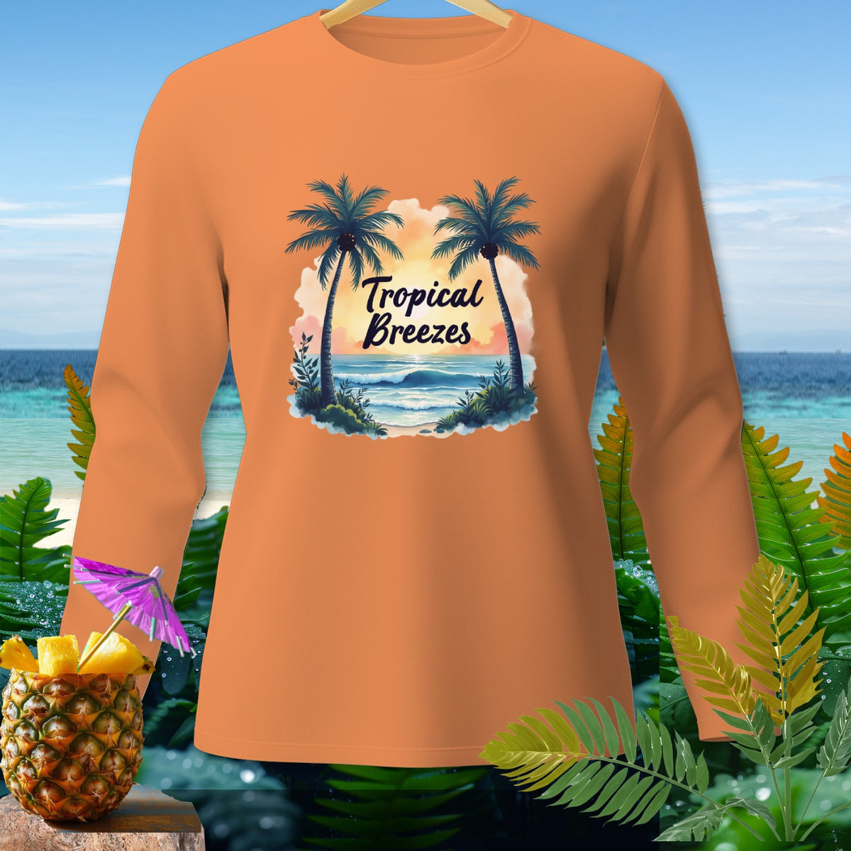 Orange long-sleeve shirt with "Tropical Breezes" and palm trees graphic.