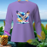 Purple long-sleeve shirt with watercolor owl graphic on water.
