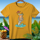 Yellow t-shirt with skeleton hand holding cocktail in waves, text SAVE THE DRINK.