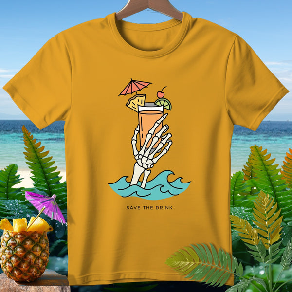 Yellow t-shirt with skeleton hand holding cocktail in waves, text SAVE THE DRINK.