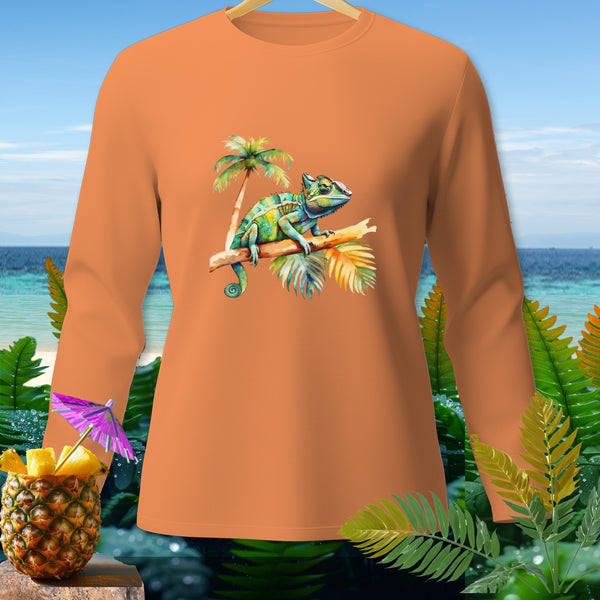 Orange long-sleeve shirt with a chameleon on a branch and palm trees graphic.