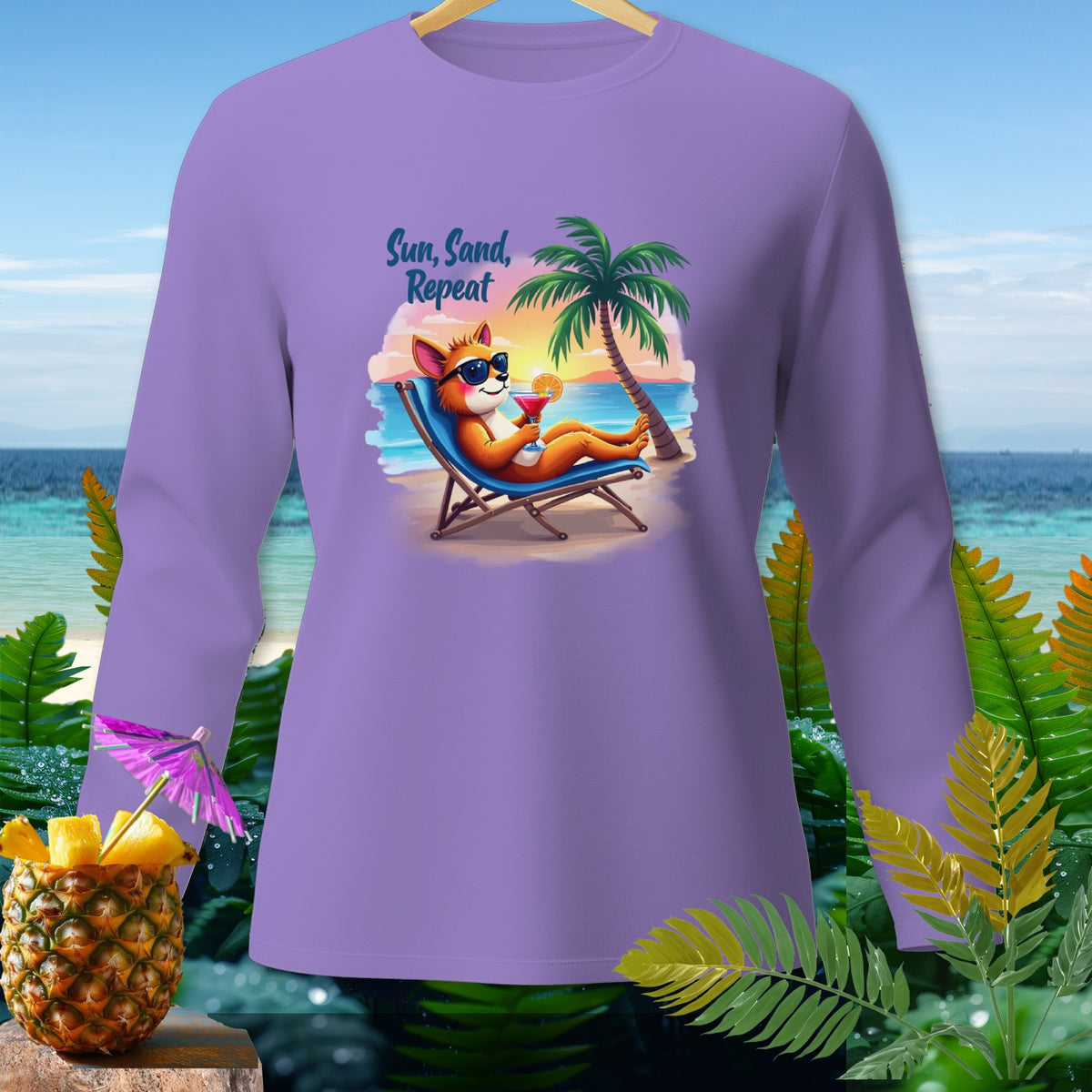 Purple long-sleeve shirt with a cartoon fox lounging on a beach chair with text "Sun, Sand, Repeat".
