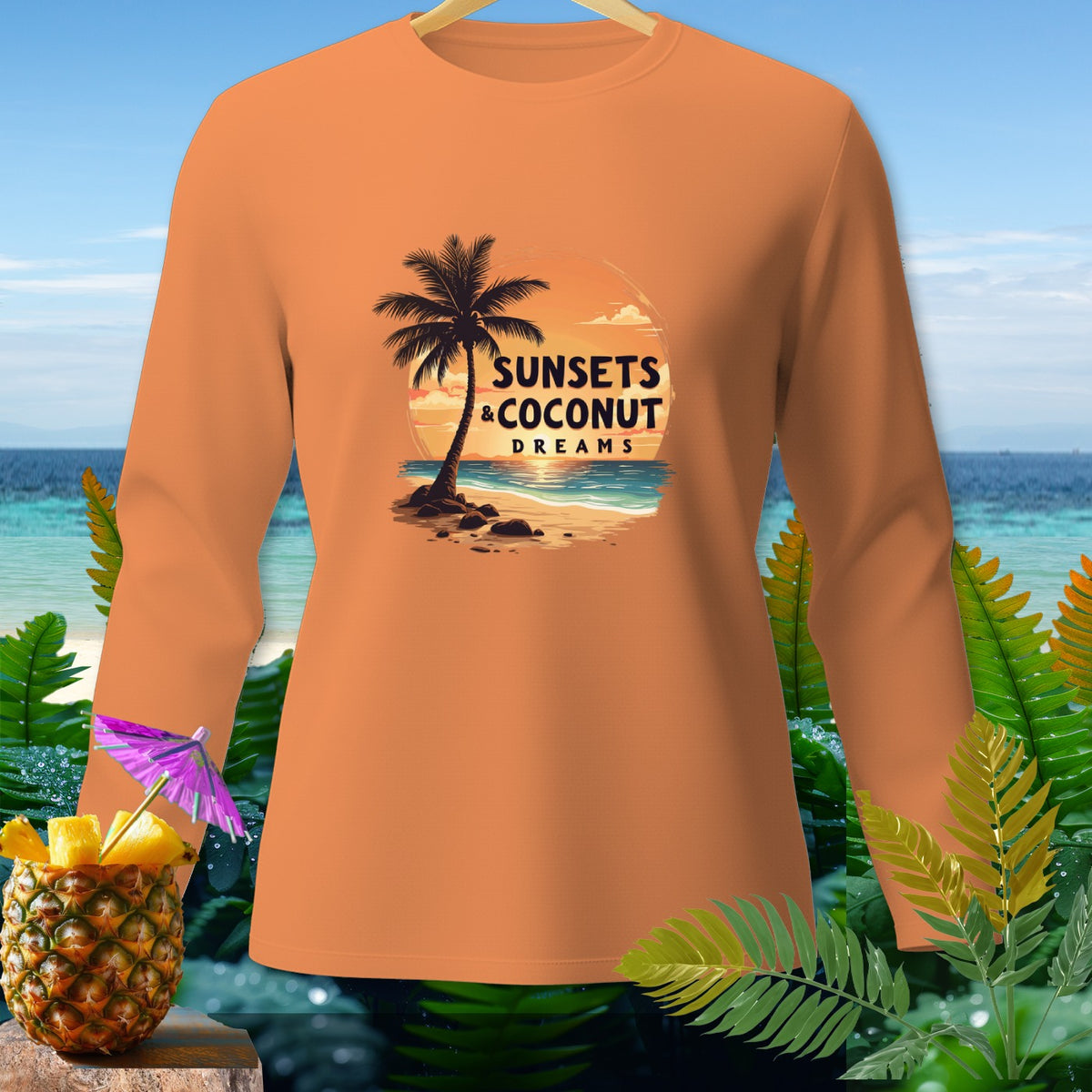 Orange long-sleeve shirt with "SUNSETS & COCONUT DREAMS" beach graphic.