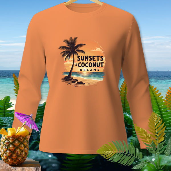 Orange long-sleeve shirt with "SUNSETS & COCONUT DREAMS" beach graphic.