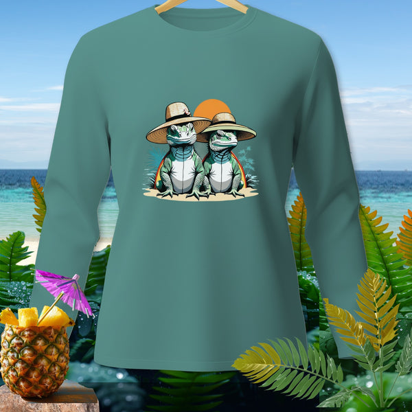 Two cartoon lizards wearing straw hats on a beach with a pineapple cocktail.