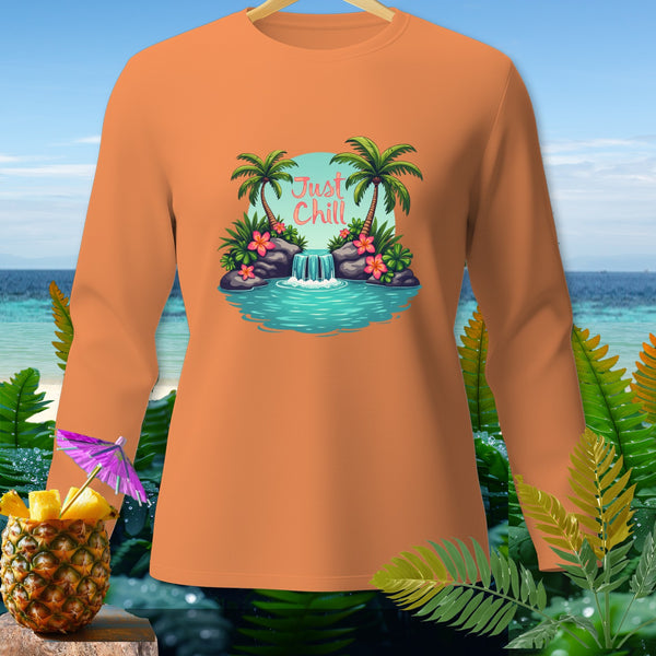 Orange long-sleeve shirt with tropical waterfall graphic that says "Just Chill".
