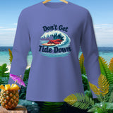 Long sleeve shirt with lobster surfing a wave and text 