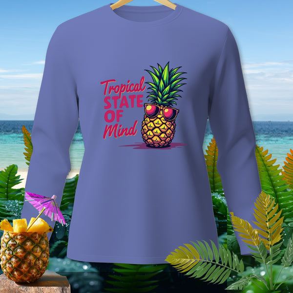 Long-sleeve purple shirt with "Tropical State Of Mind" text and a pineapple wearing sunglasses.