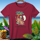 Skeleton sewing with a ghost under a palm tree with pumpkins, text 