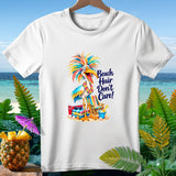 White t-shirt with a colorful bird on a beach with text 