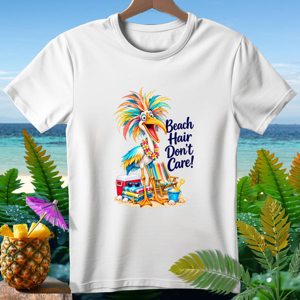 White t-shirt with a colorful bird on a beach with text "Beach Hair Don't Care!".