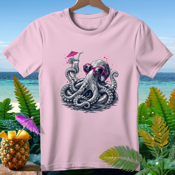 Pink t-shirt with graphic of octopus wearing sunglasses holding a drink.