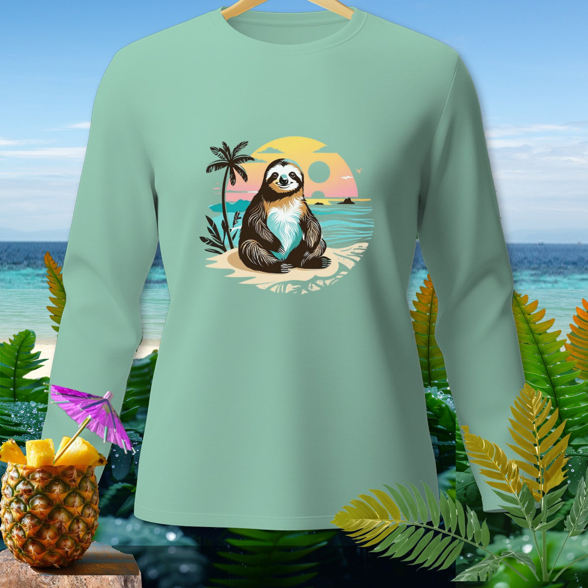 Mint long sleeve shirt with a sloth on a beach at sunset graphic.