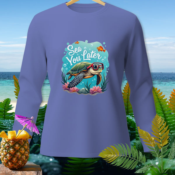 Long-sleeve shirt with cartoon turtle and text "Sea You Later" on tropical background.