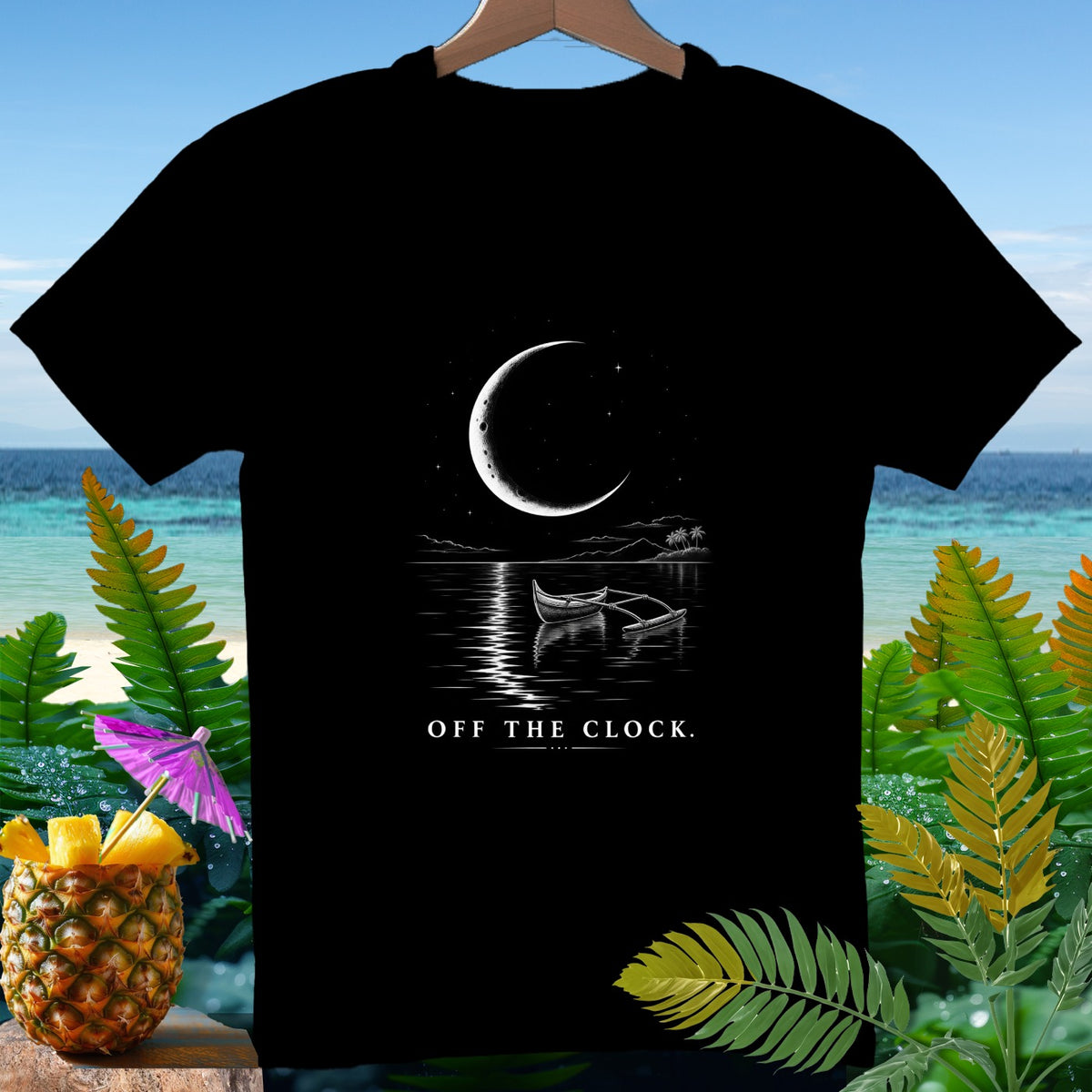Black t-shirt with moon, boat, and "OFF THE CLOCK." text.