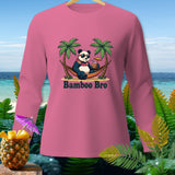 Pink long sleeve shirt with cartoon panda in hammock, text 