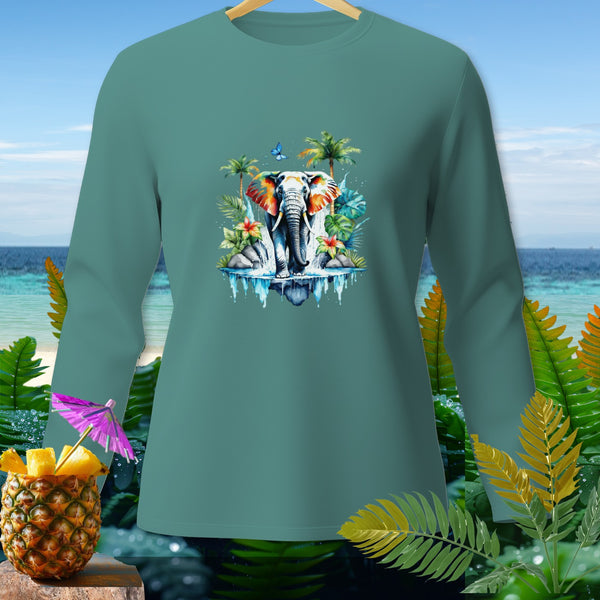 Teal long-sleeve shirt with watercolor elephant, palm trees, and tropical foliage print.