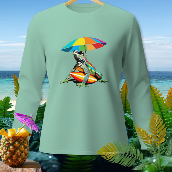 Green long-sleeve shirt with an iguana wearing sunglasses on a surfboard under a rainbow umbrella.