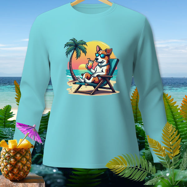 Light blue long-sleeve shirt with cartoon dog in sunglasses on a beach lounge chair.