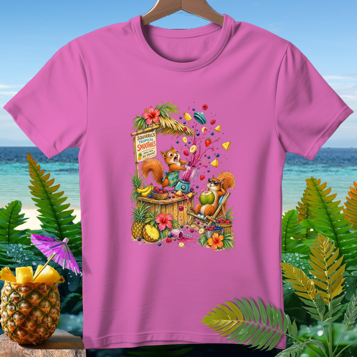 Two cartoon squirrels make smoothies at a tropical stand, with fruit and drink splatters.