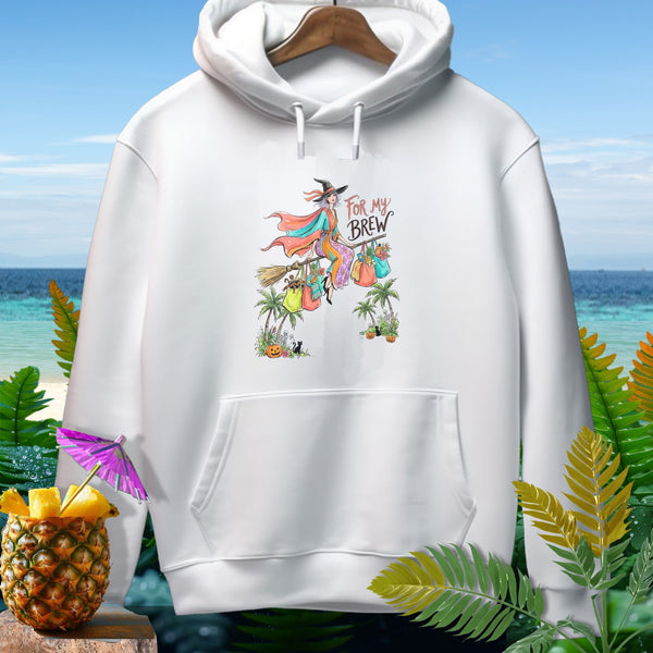 White hoodie with a colorful witch illustration that says "For My Brew."