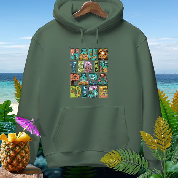 Green hoodie with "Haunted in Paradise" text featuring Halloween and beach themes.