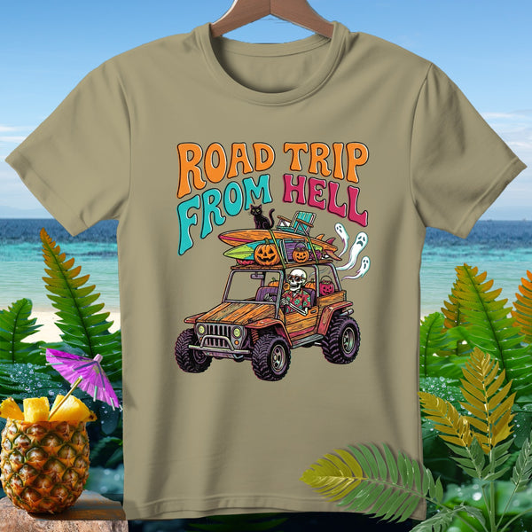 T-shirt graphic: Skeleton driving jeep with pumpkins, surfboards, and ghosts. Text: "Road Trip From Hell".