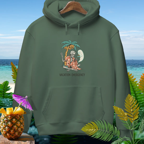 Green hoodie with skeleton graphic and "Vacation Emergency" text.