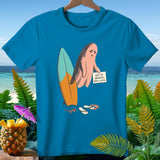 Turquoise t-shirt with ghost, surfboard, and 