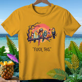 Yellow t-shirt with parrots dressed for Halloween and text 