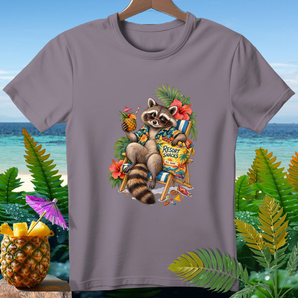 Raccoon on beach chair with pineapple drink and "Resort Snacks" bag.