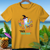 Octopus in witch hat holding beach items, with text 