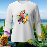White long-sleeve shirt with a colorful parrot, cocktail, and tropical foliage graphic.