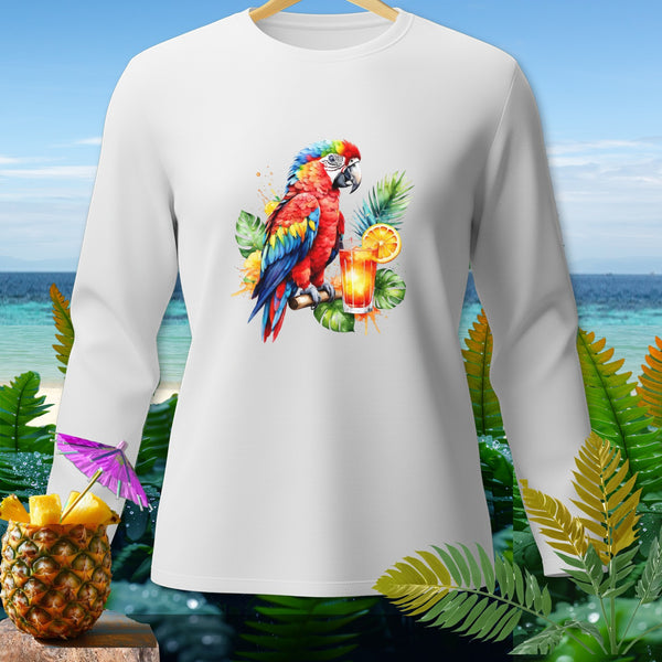 White long-sleeve shirt with a colorful parrot, cocktail, and tropical foliage graphic.