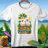 White t-shirt with two cockatoos and text 