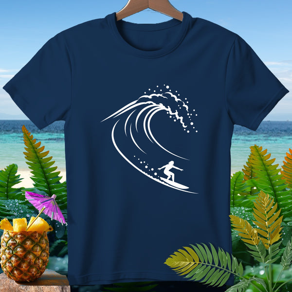 Navy t-shirt with white surfer and wave graphic on tropical beach background.